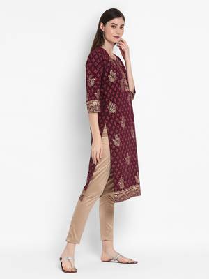 Wonen Wine Cotton Block Print Straight Kurta 2