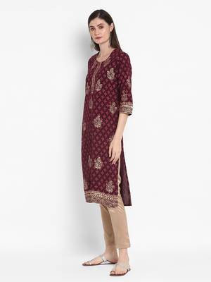 Wonen Wine Cotton Block Print Straight Kurta 3