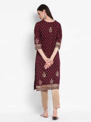 Wonen Wine Cotton Block Print Straight Kurta 4