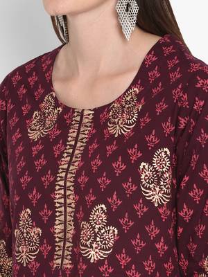 Wonen Wine Cotton Block Print Straight Kurta 5