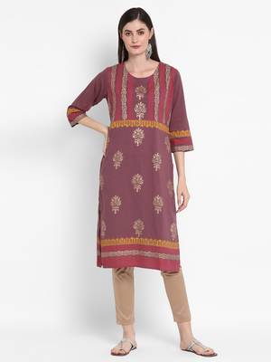 Wonen Purple Cotton Block Print Straight Kurta 1
