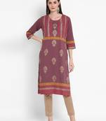 Wonen Purple Cotton Block Print Straight Kurta