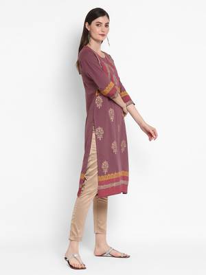 Wonen Purple Cotton Block Print Straight Kurta 2
