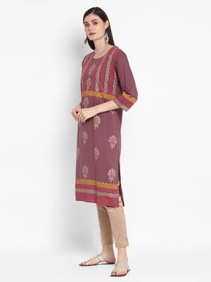 Wonen Purple Cotton Block Print Straight Kurta 3