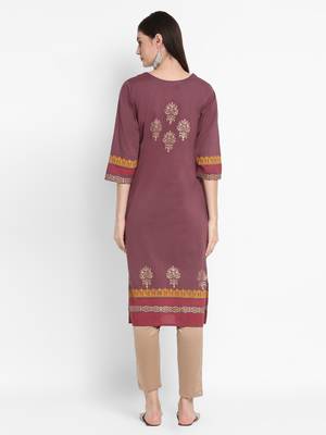 Wonen Purple Cotton Block Print Straight Kurta 4