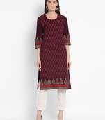 Wonen Wine Cotton Block Print Straight Kurta