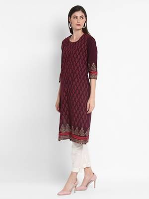 Wonen Wine Cotton Block Print Straight Kurta 2