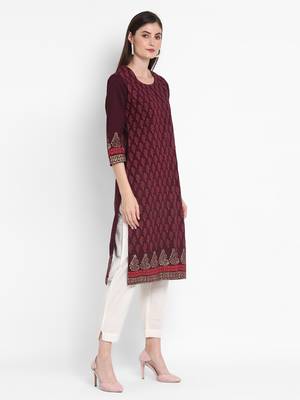 Wonen Wine Cotton Block Print Straight Kurta 3