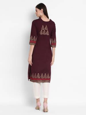Wonen Wine Cotton Block Print Straight Kurta 4