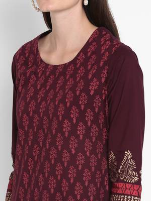Wonen Wine Cotton Block Print Straight Kurta 5