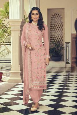Peach embroidered faux georgette salwar 1