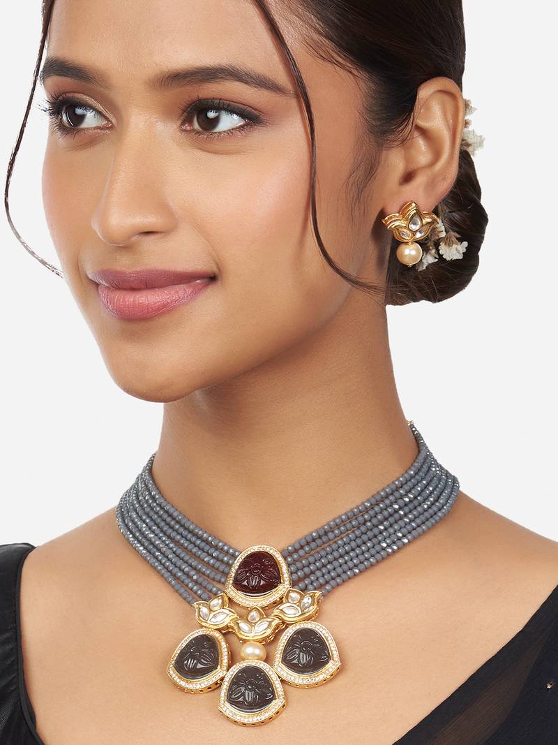 Gold Finish Grey & Red Kundan Polki Necklace & Earrings Set JOULES BY