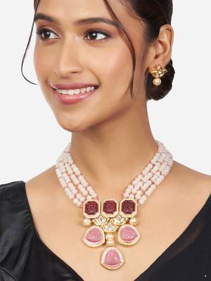 Multi-Strand Red, Pink & Off White Kundan Polki Necklace & Earrings Set 1