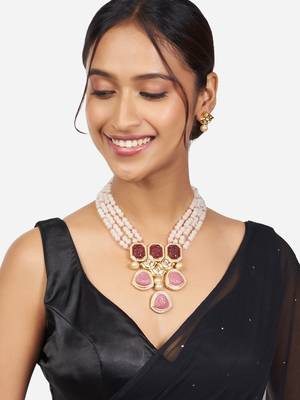 Multi-Strand Red, Pink & Off White Kundan Polki Necklace & Earrings Set 2