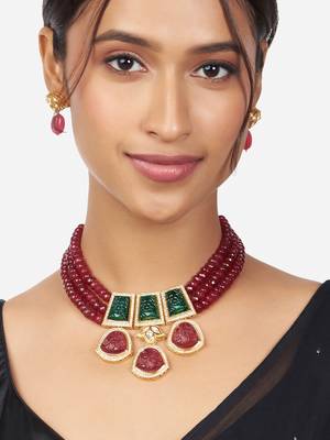 Gold Finish Pink & Green Kundan Polki Choker Necklace & Earrings Set 1