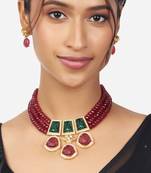 Gold Finish Pink & Green Kundan Polki Choker Necklace & Earrings Set