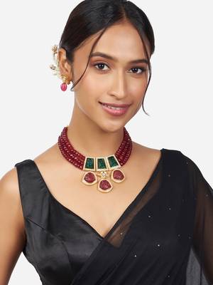 Gold Finish Pink & Green Kundan Polki Choker Necklace & Earrings Set 2