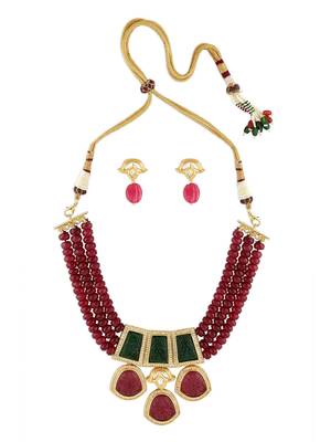 Gold Finish Pink & Green Kundan Polki Choker Necklace & Earrings Set 3