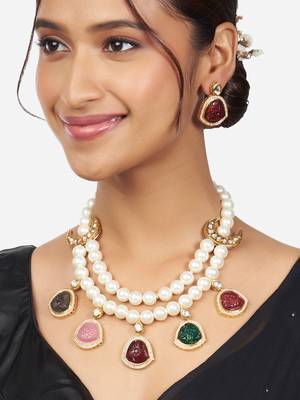 White Pearl Necklace & Earrings Set With Gold Finish Multi Carved Colour Stones 1