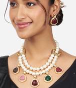 White Pearl Necklace & Earrings Set With Gold Finish Multi Carved Colour Stones