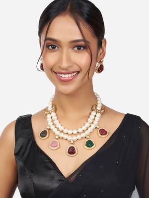White Pearl Necklace & Earrings Set With Gold Finish Multi Carved Colour Stones 2