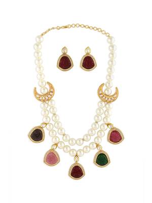 White Pearl Necklace & Earrings Set With Gold Finish Multi Carved Colour Stones 3
