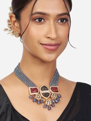 Gold Finish Grey & Pink Kundan Polki Necklace & Earrings Set 1