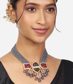 Gold Finish Grey & Pink Kundan Polki Necklace & Earrings Set