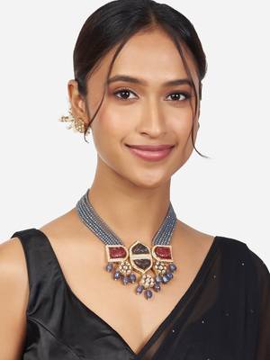 Gold Finish Grey & Pink Kundan Polki Necklace & Earrings Set 2