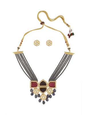 Gold Finish Grey & Pink Kundan Polki Necklace & Earrings Set 3