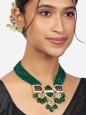 Gold Finish Green & Grey Kundan Polki Necklace Set 1