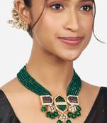 Gold Finish Green & Grey Kundan Polki Necklace Set