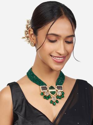 Gold Finish Green & Grey Kundan Polki Necklace Set 2
