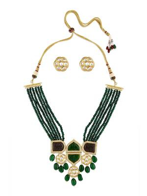 Gold Finish Green & Grey Kundan Polki Necklace Set 3