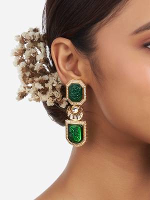 Gold Finish Green Kundan Polki Drop Earrings 2