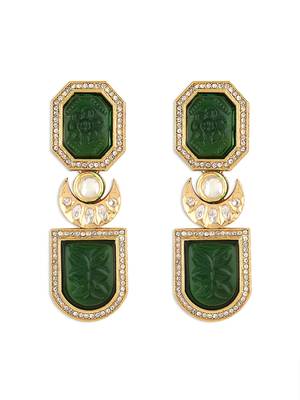 Gold Finish Green Kundan Polki Drop Earrings 3