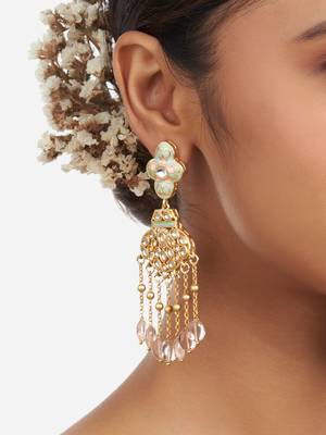 Gold Finish Pink & Mint Green Enamelled Kundan Polki Dangler Earrings 2