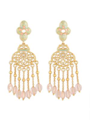 Gold Finish Pink & Mint Green Enamelled Kundan Polki Dangler Earrings 3