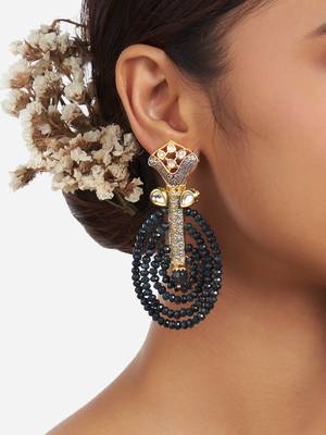 Gold Finish Blue Kundan Polki Drop Earrings 2
