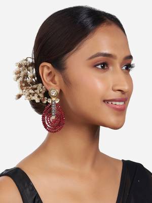 Gold Finish Red & Blue Kundan Polki Drop Earrings 1