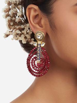 Gold Finish Red & Blue Kundan Polki Drop Earrings 2