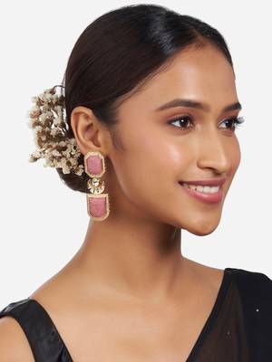 Gold Finish Pink Kundan Polki Drop Earrings 1