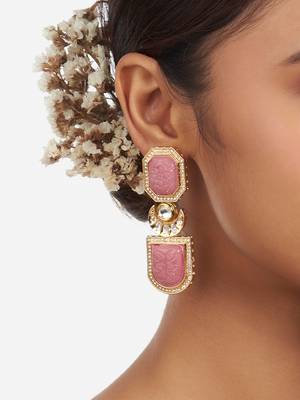 Gold Finish Pink Kundan Polki Drop Earrings 2
