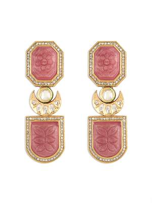 Gold Finish Pink Kundan Polki Drop Earrings 3