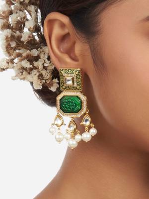 Gold Finish Green Kundan Polki Dangler Earrings 2