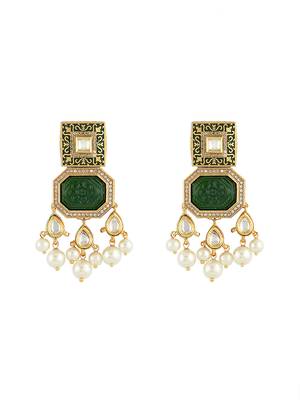 Gold Finish Green Kundan Polki Dangler Earrings 3