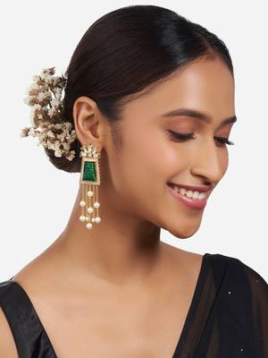 Gold Finish Green Kundan Polki & Pearl Dangler Earrings 1