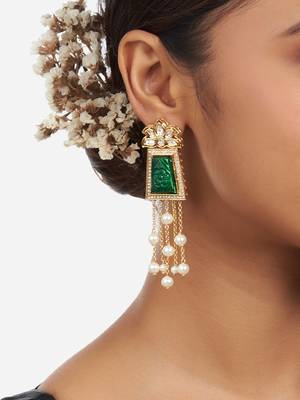 Gold Finish Green Kundan Polki & Pearl Dangler Earrings 2