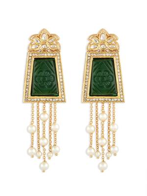 Gold Finish Green Kundan Polki & Pearl Dangler Earrings 3