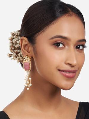 Gold Finish Pink Kundan Polki & Pearls Dangler Earrings 1